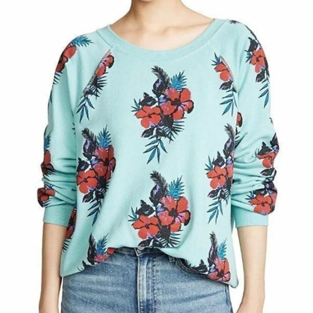 Wildfox Hibiscus Dreams Floral Sweatshirt Womens XS Turquoise Tropical Pullover